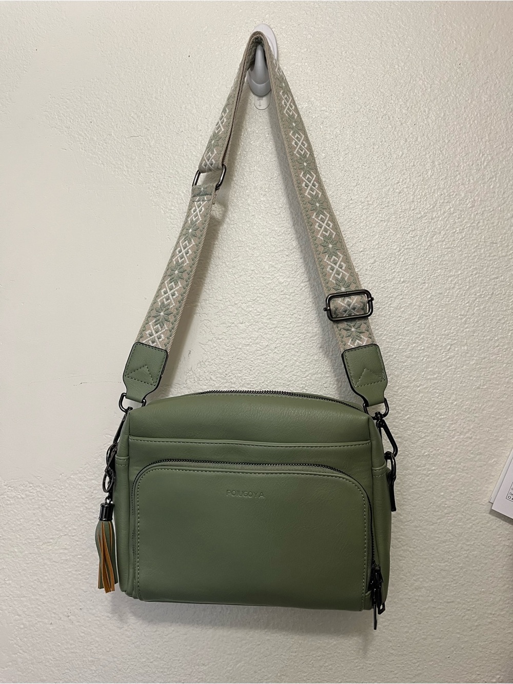 Olive Green Crossbody Bag with Patterned Strap